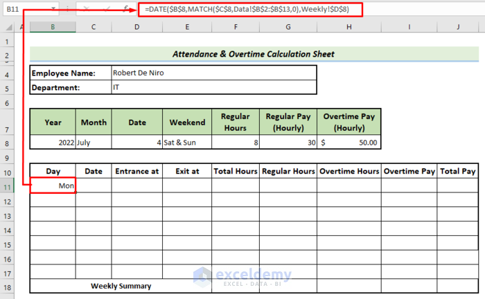 Set Dates in Main Calculation Sheet to make Attendance and Overtime Calculation Sheet 