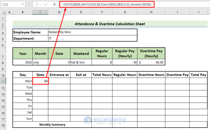 Set Dates in Main Calculation Sheet to make Attendance and Overtime Calculation Sheet 