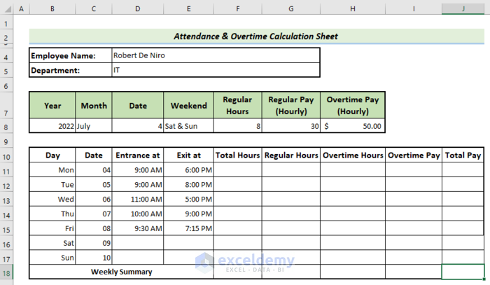 Calculate Total Working Hours to make Attendance and Overtime Calculation Sheet 