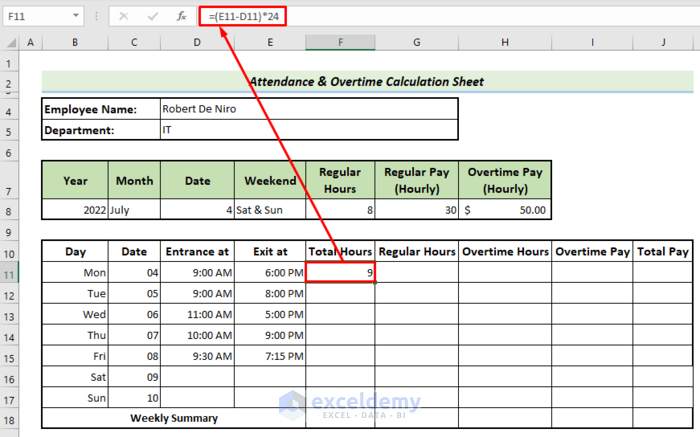 Calculate Total Working Hours to make Attendance and Overtime Calculation Sheet 