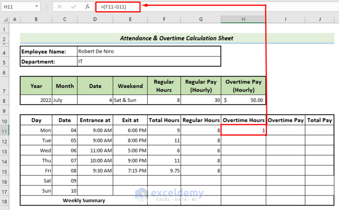 Set Regular Office Hours and Calculate Overtime Hours to make Attendance and Overtime Calculation Sheet 