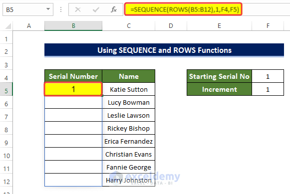 Implementing ROW and SEQUENCE Functions to Create Auto Serial Number in Excel Based on Another Column