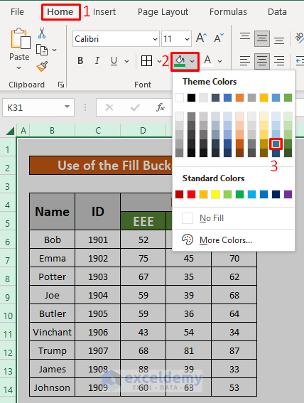Use Excel Paint Bucket to Color the Background of a Worksheet