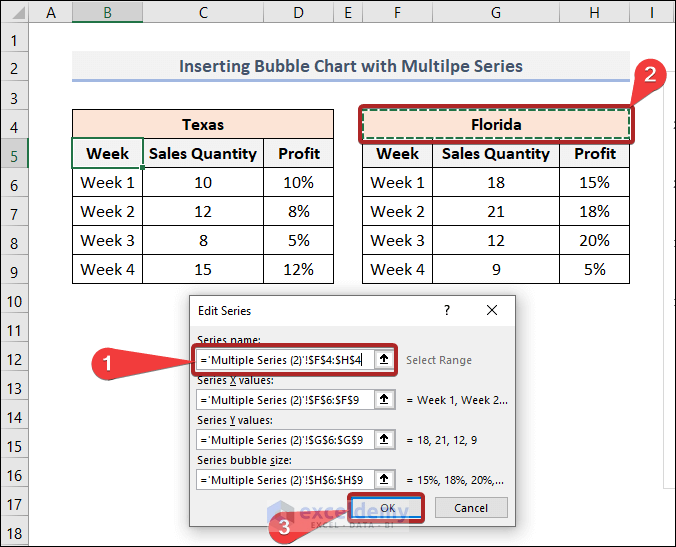 Bubble Chart in Excel with Multiple Series Editing Labels