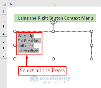 Select the items in a text box to put bullet points