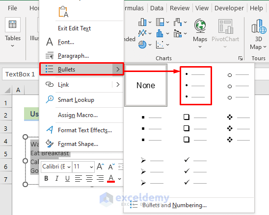 Choose bullets options to put bullet points in Excel text box