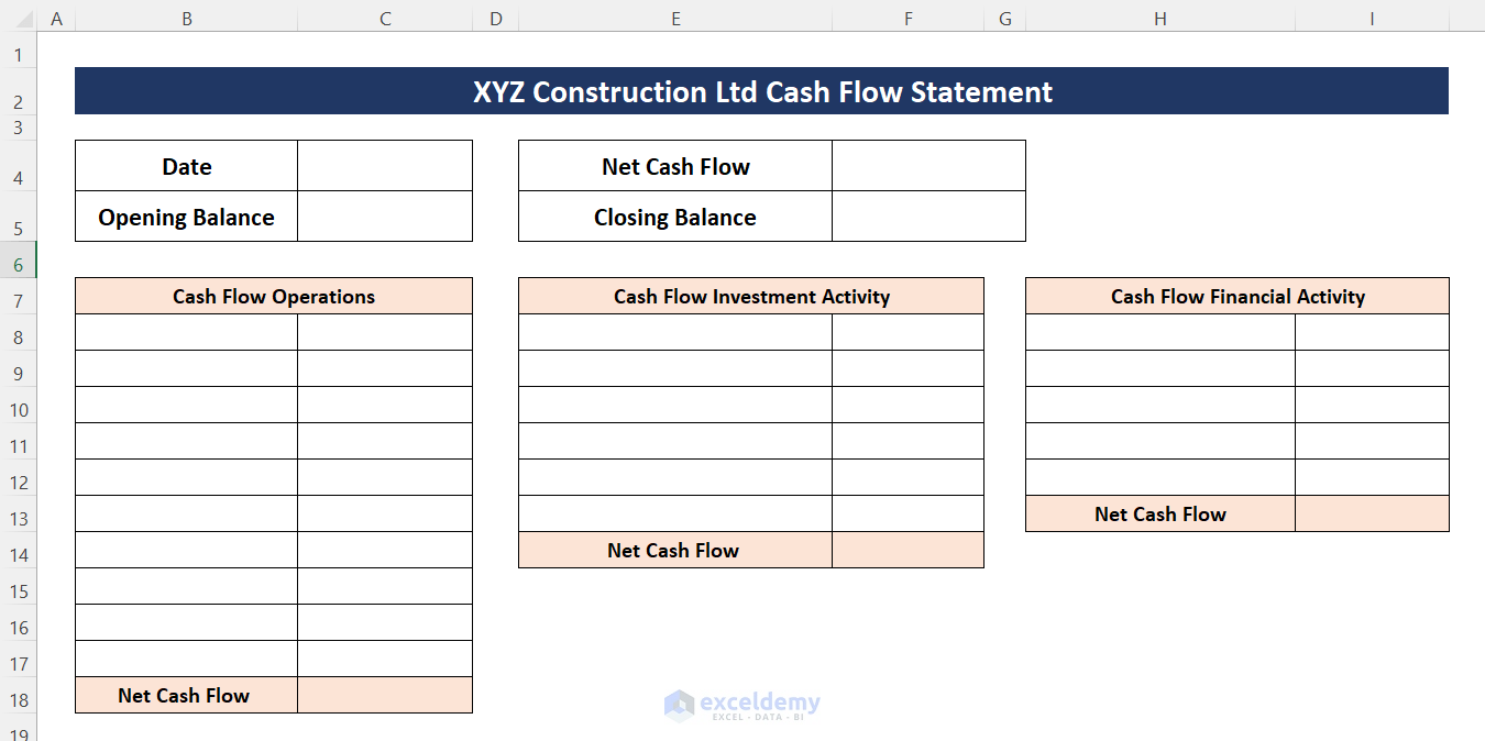 Cash Flow Statement Format in Excel for Construction Company