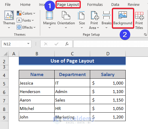 Change Background of Excel Sheet Using Page Layout Tool