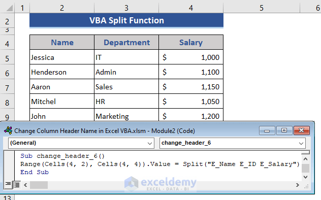 VBA Split Function to change header name