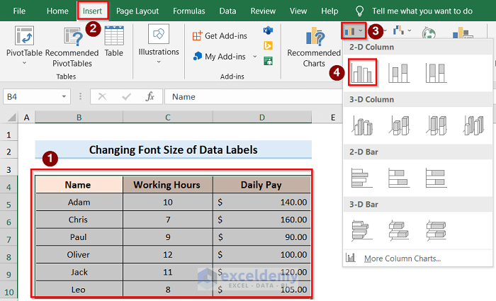 Change Font Size of Data Labels in Excel for 2-D Column Chart