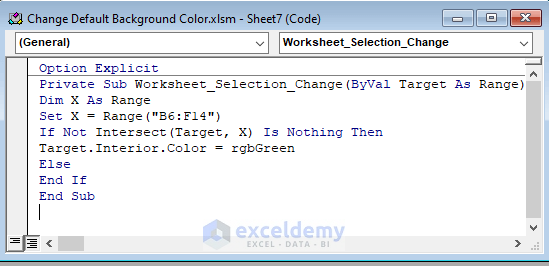 Run Excel VBA Code to Change the Default Background Color