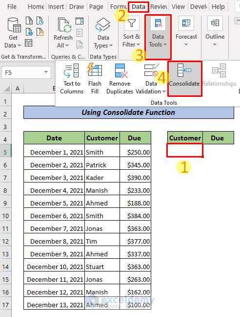 Use Consolidate Feature to Consolidate Rows and Sum Data in Excel
