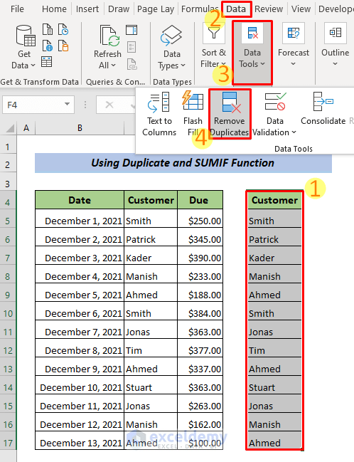 Using SUMIF Function together with Remove Duplicates Tool