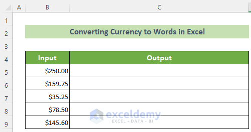 Sample Dataset to Convert Currency to Words in Excel