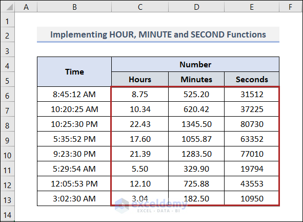 Implementing HOUR, MINUTE, and SECOND Functions