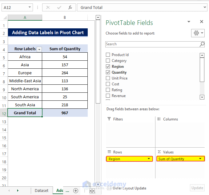 Adding Data Labels in Pivot Chart in Excel
