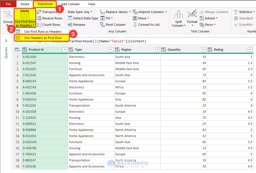 Demote Top Row and Rename First Row for Dealing with Tables with Changing Headers in Power Query