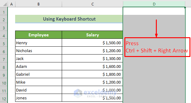 Press Ctrl + Shift + Right Arrow to Select Required Columns