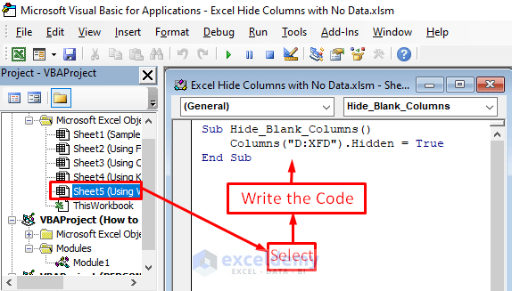 Write VBA Code in VBA window to Hide Columns with No Data in Excel