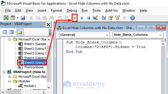Run the VBA Code to Hide Columns with No Data in Excel