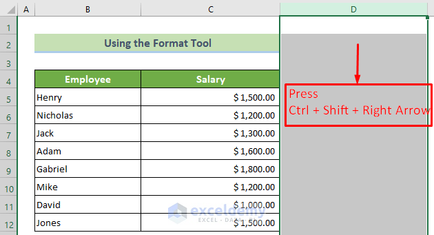 Press Ctrl + Shift + Right Arrow to Hide Columns with No data in Excel