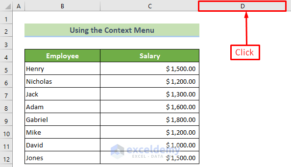 Click the Header of D Column to Hide Columns with No Data in Excel