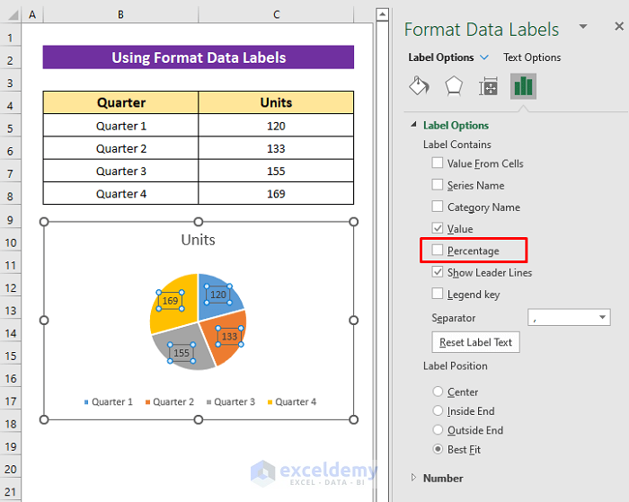 Using Format Data Labels to Show Percentage in Data Labels of Excel Pie Chart