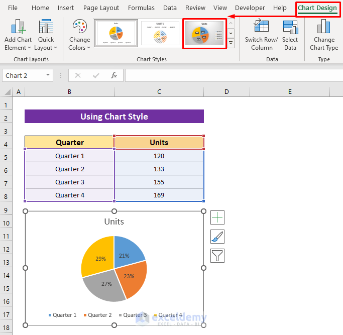 Using Chart Style to Show Percentage in Data Labels of Excel Pie Chart