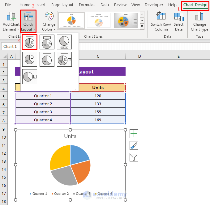 Applying Quick Layout to Display Percentage in Data Labels of Excel Pie Chart