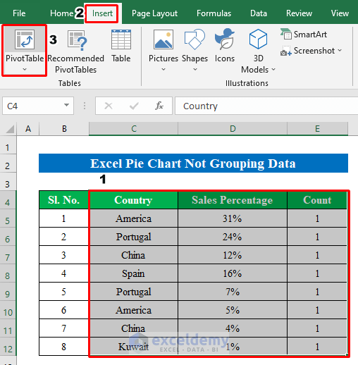Excel Pie Chart Not Grouping Data