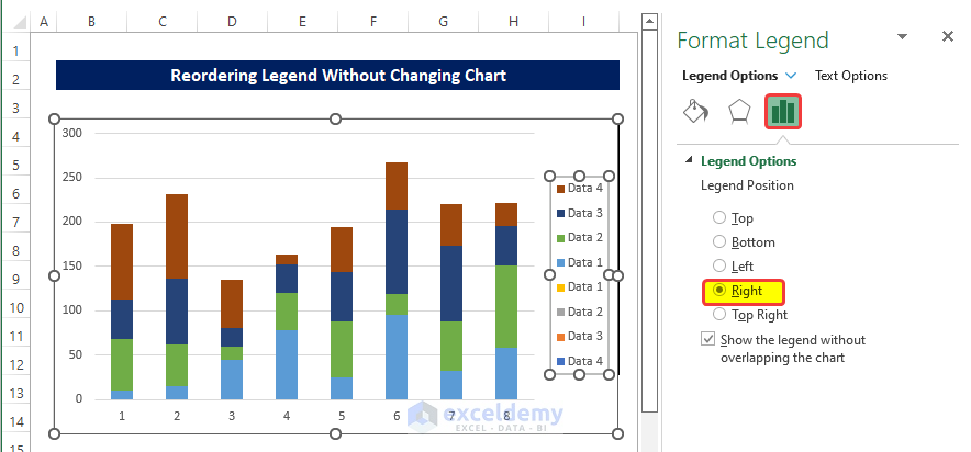 How to Reorder Legend without Changing Chart in Excel (with Easy Steps) In Excel, any kind of alteration to the default ordering of the Legends while keeping the original chart intact is quite impossible. As there isn't any default option to do it. However, in this article, we present a workaround for this problem which might solve your issue about Legend Reordering In this article, we are going to discuss, how you can Reorder Legends without changing the chart with elaborate explanations. Step-by-Step Procedure to Reorder Legend without Changing Chart in Excel In the following article, we will demonstrate the way in which you can Reorder Legends in your chart, without having to alter the original shape. Although the method is indirect as there are no default options in Excel charts Step 1: Add Dummy Value to Dataset In the beginning, we need to add some dummy values to the dataset. ● We have the following dataset of which chart’s Legend we will Reorder without changing the chart. ● To accomplish this, we need to add the dummy values in the dataset, which will help us in the following steps. ● The thing is, these dummy value entries must be zero. And the column headers must be the same but in Reorder order. ● An example of this procedure is shown below. Step 2: Create Stacked Chart Now as we added the dummy values in the dataset, we can create a stacked chart out of it. ● To do this, select the range of cells B4:I12 and then from the Insert tab, click on the 2D Column Stacked Chart. ● After then there should be a stacked chart created, with the given information. Step 3: Switch Row/Column Although the chart we created just now, is not in very good shape. A small tweak can turn this chart into a useable chart. ● Select the chart and right-click on it ● Then from the context menu, click on Select Data. ● Then in the Select Data Source window, you will see that the Series names are listed as the Legend Entries and the column headers are listed as the Horizontal Axis Labels. ● Now all you have to do is to click on the Switch Row/Column button. ● Doing this will switch the Legend Entries with the Horizontal Axis Labels. ● Click OK after this. ● The chart will look somewhat like the below image. ● Now you understand the chart a lot better than before. ● You can also notice that the data chart now shows only 4 layers of colours, despite having 8 different layers. ● The reason is simple, the values in the dummy values we set as 0, so none of those values actually have any significance in this stacked chart. ● But we can see all 8 data Legend entries in the chart. Step 4: Change to Matching Color As we prepared the chart, we need to match the colour of the data series with the dummy values Legend. ● At first, will shift the Legends on the right side of the screen. ● To do this, select the chart and then right-click on it. ● From the context menu click on the Format Legend. ● Then in the Format Legends side panel options, click on the Right on the Legends. ● Then select the first data series (Data 4) in the chart and then right-click on it. ● From the context menu, click on the Format Data Series. ● From the side panel, click on the color icon in the Fill & Line Options ● Then change the colour to the same colour as Data 4 at the bottom of the Legend. ● Repeat the same process for the rest of Legends. ● Now we can see the Legends entry's colour is now matched up with the same data name. Step 5: Delete Top Legend Entries Now we got all the elements necessary to Reorder Legends without altering the charts. ● Now click on the Legend area to select it. ● Then double click on the Legend Entry Data 4 to select it. ● Right after that, press Delete to delete the entry from the chart Legend. ● After that, repeat the same process for the other top Legends in the chart. ● The chart would finally look like the below image. ● Not only in the Reorder direction, but the Reorder can also be done by any order. ● For example, we can Reorder the Legends in 2-1-4-3 order. ● To do this, we the dummy values in the 3-4-1-2 direction in the dataset as shown below. ● Now repeat the above process through to Step 4. ● We will get something like the below image. ● After deleting the top Legend part (Step 5), we got the Legends in the 2-1-4-3 direction. 💬 Things to Remember ✎ Dummy values must be 0, otherwise, it can mess with the existing data. ✎ The desired direction must be put in Reorder order as the column header in the dummy value. For example, if your target is to order as 3241, put the column headers in the 1423 order. Conclusion Here we Reorder the Legends in the chart while keeping the original chart unchanged. We did it by using dummy values and matching Legend entries colours. For this problem, a workbook is available for download where you can practice these methods. Feel free to ask any questions or feedback through the comment section. Any suggestion for the betterment of the Exceldemy community will be highly appreciable.