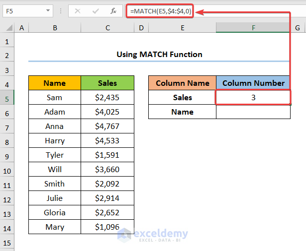 Excel Return Column Number of Match Using MATCH Function