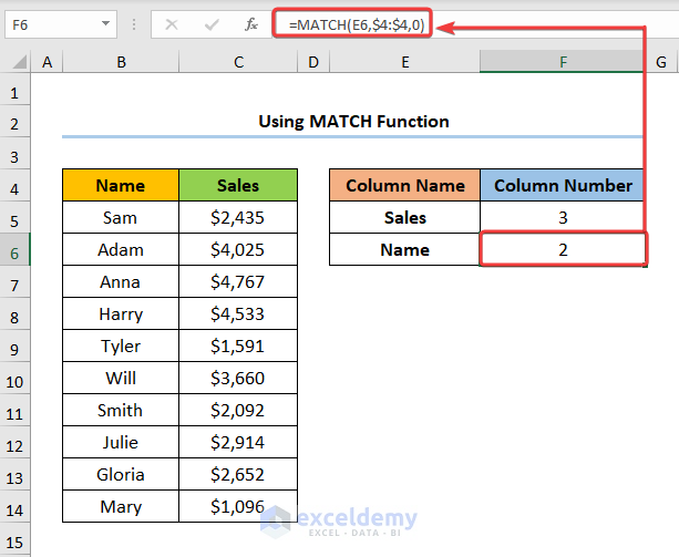 Excel Return Column Number of Match Using MATCH Function