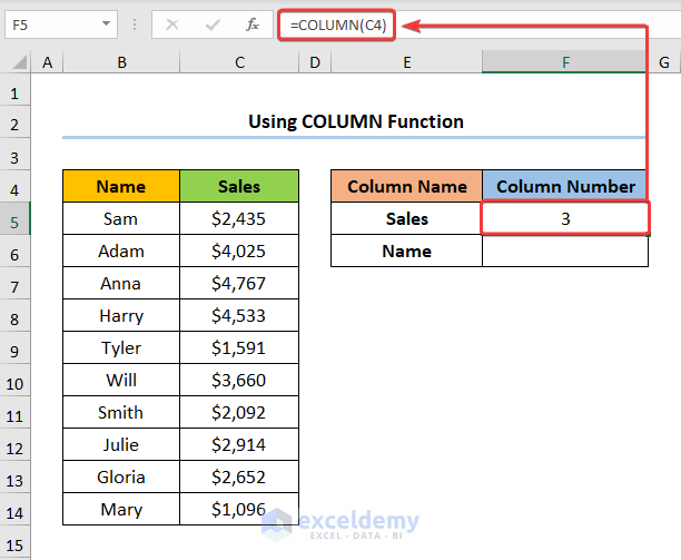 Excel Return Column Number of Match Using COLUMN Function