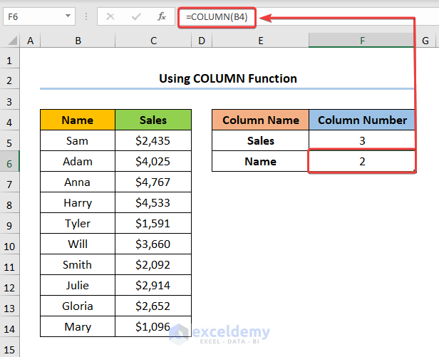 Excel Return Column Number of Match Using COLUMN Function
