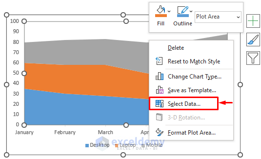 Access the Select Data Source Window to Change Order of Excel Stacked Area Chart
