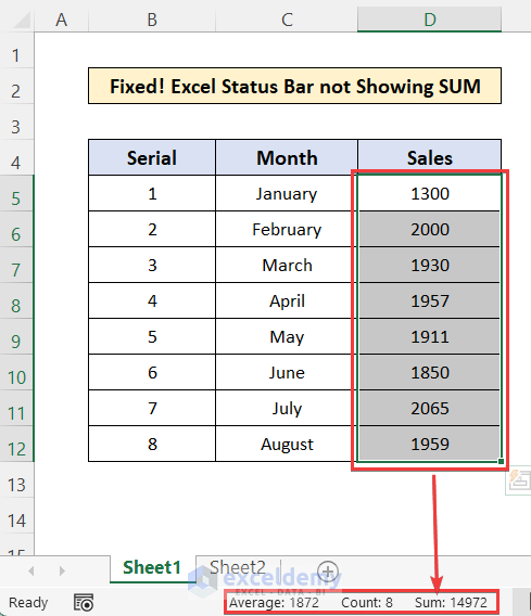 Excel Status Bar Not Showing Sum 