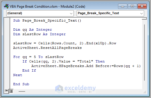 Excel VBA Insert Page Break Based on Cell Value 10