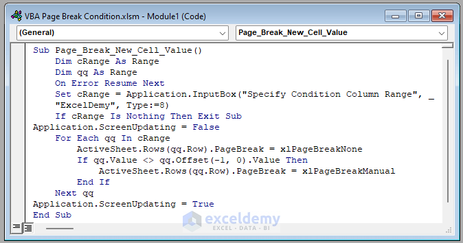 Excel VBA Insert Page Break Based on Cell Value