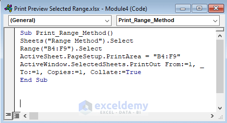 excel vba print preview selected range