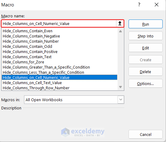 Hide Column Based on Cell Numeric Value with VBA