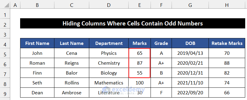 Hide Columns Where Cells Contain Odd Numbers with VBA