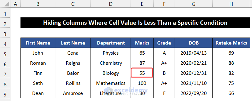 Hide Columns Where Cell Value Is Less Than a Specific Condition with VBA