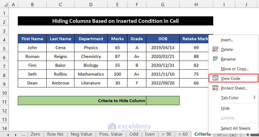 Hide Columns Based on Inserted Condition in Cell with VBA