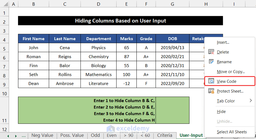 Hide Columns Based on User Input with VBA