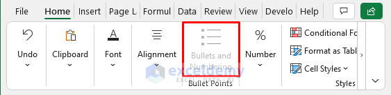 excel bullets and numbering greyed out