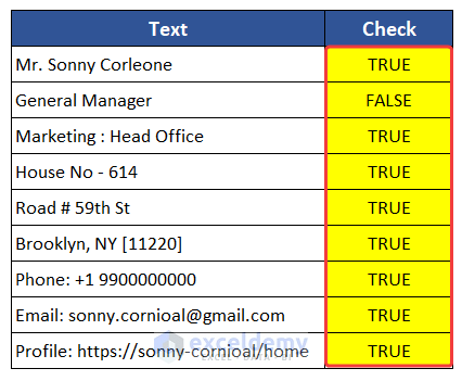 excel check if text contains a character