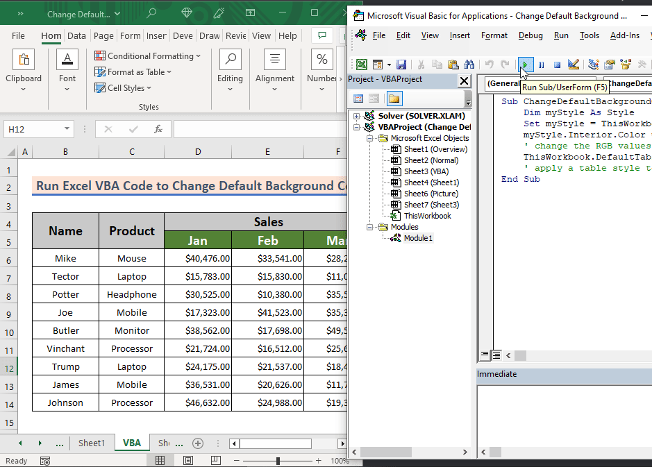 Run an Excel VBA Code to Change the Default Background Color