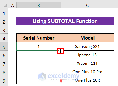 SUBTOTAL Function to Create a Formula for Serial Number