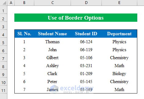 Utilize Border Options to Add Cell Borders Inside and Outside